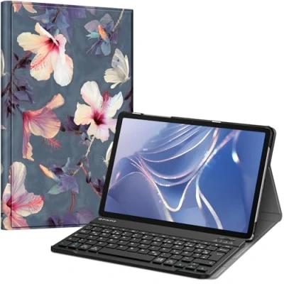 Afbeelding van Fintie toetsenbordhoes voor Samsung Galaxy Tab A9 Plus 11 inch 2023 tablet SM X210/X216/X218, met magnetisch afneembaar Duits bluetooth toetsenbord, bloeiende hibiscus