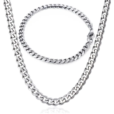 Afbeelding van Ketting + Armband Set Cuban Link Dikke Schakel Zilver kleurig 7mm Kettingen Armbanden Sieraden Heren Cadeau voor Man