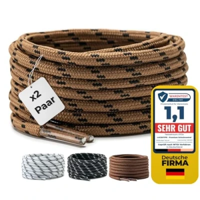 Afbeelding van LaceHype 2 paar premium ronde veters, diameter 4,5 mm, voor werkschoenen, laarzen, outdoorschoenen en sportschoenen, scheurbestendige schoenveters, vervangende schoenveters van polyester, bruin/zwart, 100 cm