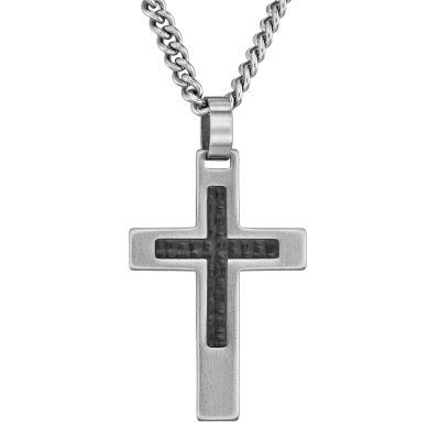 Afbeelding van Traveller Kruis Ketting Heren Edelstaal Zilverkleurig Zwart Carbon Made in Germany Duurzaam 50 cm 171004