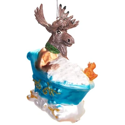 Afbeelding van BRUBAKER Eland In Badkuip met Badeend Handbeschilderde Kerstbal van Glas Handgeblazen Kerstboomversieringen Figuren Grappige Decoratieve Hangers Boombal 10 cm