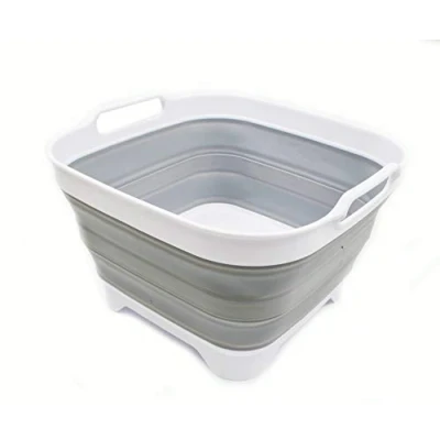 Afbeelding van SAMMART 10 l opvouwbare schaal plastic met afvoerschroef wastafel draagbare afwasbak ruimtebesparend keukenopbergvak (wit/grijs, 1)