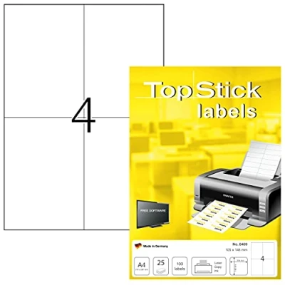 Afbeelding van TopStick 8409 universele etiketten A4 (105 x 148 mm, 25 vellen, papier, mat) zelfklevend, bedrukbaar, permanente klevende adreslabels, 100 etiket voor printer, wit