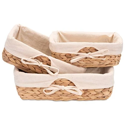 Afbeelding van Decorasian Set van 3 gevlochten broodmandjes, zeegras met linnen doek, waterhyacint, broodmand