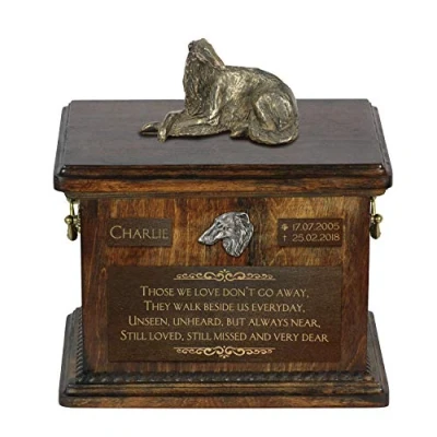 Afbeelding van Art Dog Custom Sitting Statue Memorial Urn Handgemaakt koud gegoten brons op berkenhouten voet 8,3x11,4x8,7 5l Borzoi I
