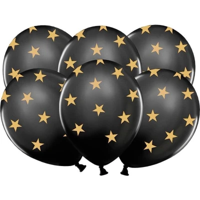 Afbeelding van 6 zwarte ballonnen met goudkleurige sterren Feestdecoratievoorwerp