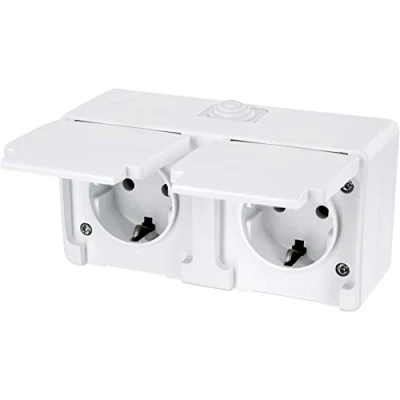 Afbeelding van Opbouw vochtige ruimte dubbel stopcontact met veerdeksel IP54 All in One frame + inzet afdekking (serie G1 zuiver wit)