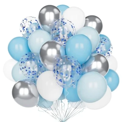 Afbeelding van Ballonnen, blauw, wit, zilver, 60 stuks, 30 cm, mat lichtblauw, pastelblauw, metallic, ballonnenset met confetti, helium, latex ballonnen voor verjaardag, bruiloft, babyshower,