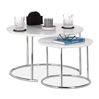 Afbeelding van Relaxdays Ronde bijzettafels, set van 2 stuks, kleine matte salontafel, nesttafels, hout en metaal, verchroomd, 60 x 35 cm, wit