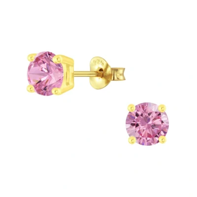 Afbeelding van JoyS Zilveren 6 mm oorbellen rond zirkonia roze 14k goudplating