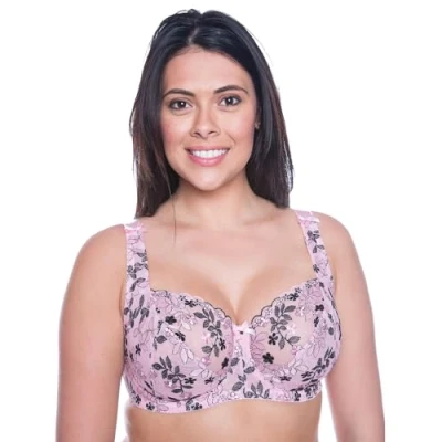 Afbeelding van Dames Bloemen Geborduurde Kant Beugel Niet Gewatteerde BH D J Cups, Roze/Zwart, 100J