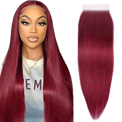 Afbeelding van Tuheerst Human Hair Closure for Woman 4x4 Lace Straight #99J Burgundy Real Brazilian Remy Free Part Front 12 Inches