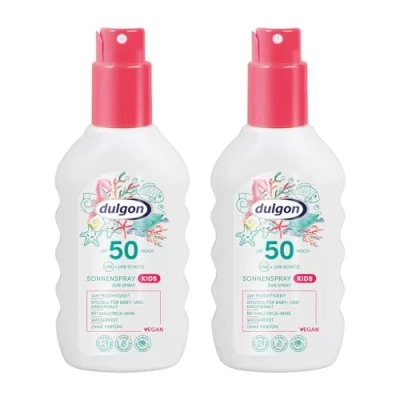 Afbeelding van dulgon 2 x SPF 50 zonnespray voor kinderen, 200 ml, zonnecrème zonder octocryleen, bescherming tegen UVA en UVB straling, kinderzonnecrème waterdicht, parfumvrij, veganistisch microplasticvrij