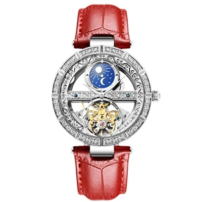 Afbeelding van RORIOS Dameshorloge, automatisch horloge, mechanische horloges, oplichtend horloge met leren armband, modieus, waterdichte dameshorloges, rood A