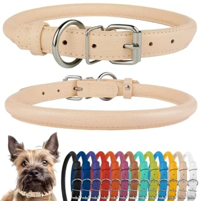Afbeelding van CollarDirect Rolled lederen halsband, zachte gewatteerde ronde puppyhalsband, handgemaakte echt halsband hond kleine grote halsbanden zwart roze rood paars blauw (past op 7&quot; 9&quot; nek, beige)