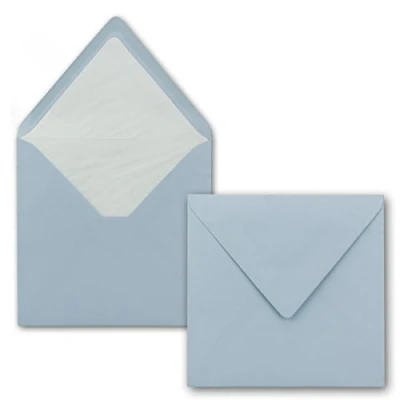 Afbeelding van 25 x enveloppen vierkant, 16 cm in lichtblauw (blauw) met witte zijdevoering, zonder venster en natte plakrand, voor uitnodigingskaarten bruiloft verjaardag
