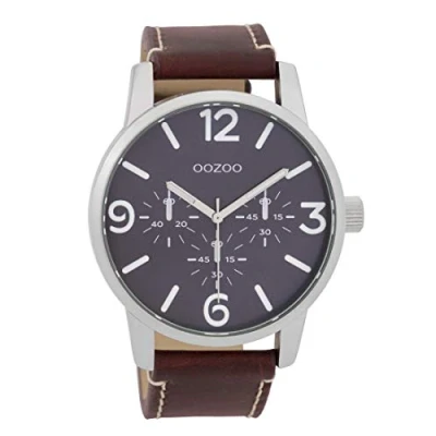 Afbeelding van OOZOO Timepieces Zilverkleurige horloge met roodbruine leren band C9651