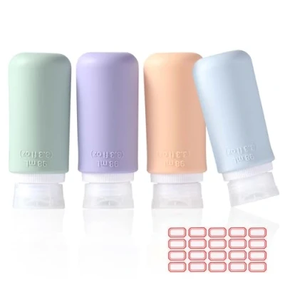 Afbeelding van Diboniur Reisfles van siliconen, 4 stuks, lege pompfles, met 10 blanco stickers, lekvrij, reisset voor shampoo, crème, Liquidi e Lotion (98 ml)
