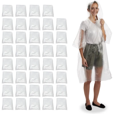 Afbeelding van 40 x regenponcho wegwerp regencape met capuchon, volwassenen, noodponcho uniseks, eenheidsmaat, transparant