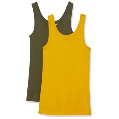 Afbeelding van Amazon Essentials Women&#039;s Tanktop met slanke pasvorm, Pack of 2, Donker olijfgroen/Goud, S