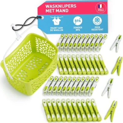 Afbeelding van Knijpers Ecoline met mand (48 stuks mand, groen wit groen, handvat wit) by culiclean Premium wasknijpers