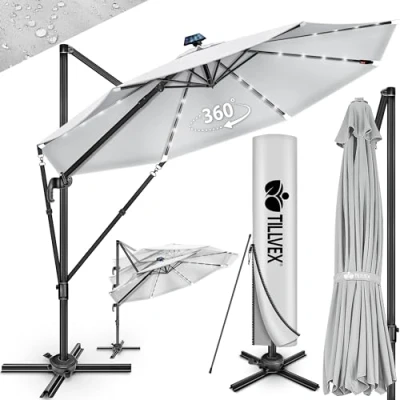 Afbeelding van tillvex® Premium aluminium parasol, 330 cm, met afdekking en windbescherming, zweefparasol, 7 voudig verstelbaar, zwengel, tuinparasol, 360 graden draaibaar, kantelbaar, UV50+, groot,