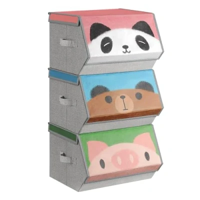 Afbeelding van SONGMICS Opbergdozen, set van 3, vouwdozen, stoffen dozen met handgrepen, organizer, magnetisch deksel, voor kinderkamer, speelkamer, dierenmotieven, roze, blauw, groen en grijs RFB760P02