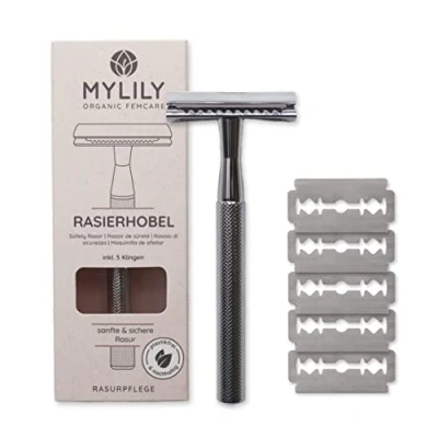 Afbeelding van MYLILY® scheermes inclusief 5 razer blade I uw perfecte scheerbeurt scheerapparaat vrouwen veiligheid dames intieme zone plasticvrij zilver