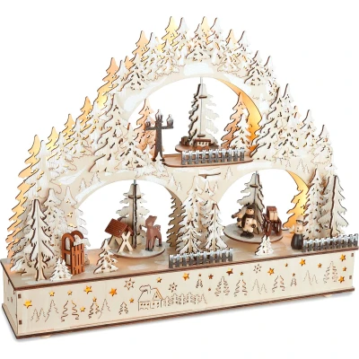 Afbeelding van BRUBAKER 3D lichtboog, led winterlandschap 2024, kerstverlichting van natuurlijk hout, 37 x 46 10 cm, handbeschilderde figuren, kerstdecoratie voor tafel en raam