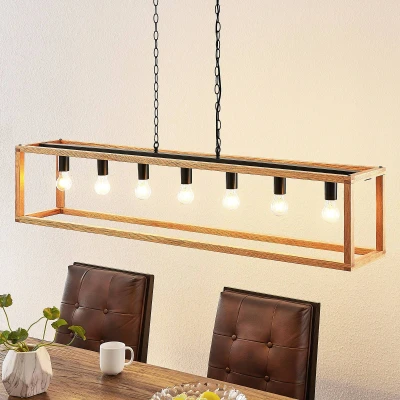 Afbeelding van Lucande hanglamp 7 lichts Metaal, eikenhout H: 30 cm E27 mat zwart, licht eiken