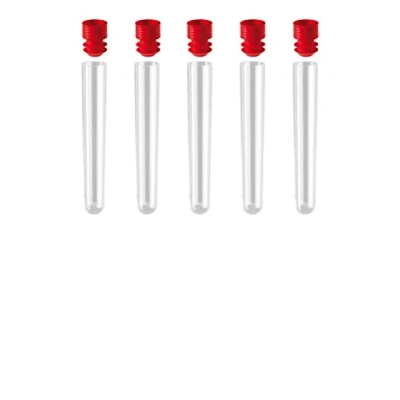 Afbeelding van AE GLAS: 5 stuks reageerbuisjes kunststof met deksel 12 ml transparant (100 x 16 mm) stop (5x rood)