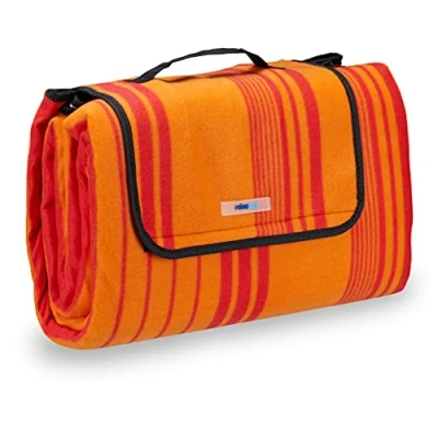 Afbeelding van relaxdays Picknickkleed 200x200 fleecedeken outdoor kleed oranje rood gestreept
