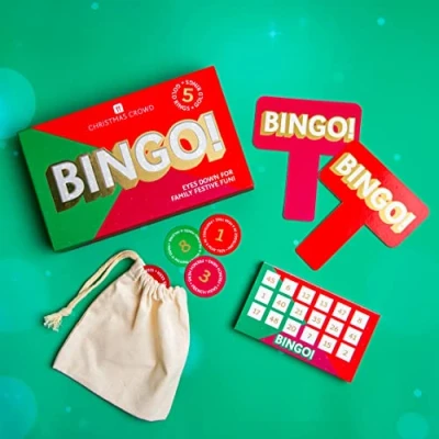 Afbeelding van Talking Tables Kerst BINGO Spel Leuke kerstversie voor familieplezier, tafelspellen kinderen, volwassenen, kantoorfeest, kousvuller, cadeaus hem of haar, rood, CCROWD