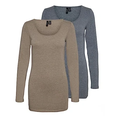 Afbeelding van VERO MODA Damesshirt met lange mouwen, verpakking van 2 stuks, blauw/bruin (1 x Ombre Blue Melange/1 walnootmelange), L