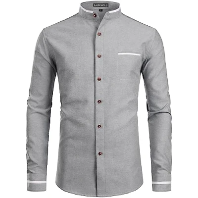Afbeelding van PARKLEES Heren Hipster Ontwerp Opa Kraag Oxford Shirt Slim Fit Lange Mouw Casual Button Down Jurk Shirts met Zak, Pz113 grijs, L