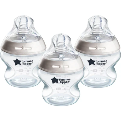 Afbeelding van Tommee Tippee Close to Nature Babyflessen, natuurlijk gevormde drinkzuiger met anti koliekventiel, 150 ml, set van 3, meerkleurig