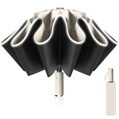 Afbeelding van Poligono Automatische Omgekeerde Paraplu, Opvouwbare Windbestendige Grote Regenparaplu met 10 Versterkte Ribben voor Mannen en Vrouwen, Diameter 105cm, Beige
