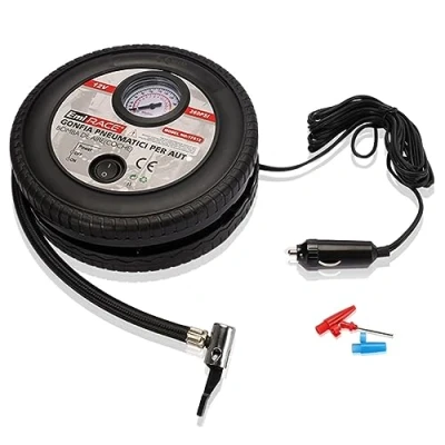 Afbeelding van A2ZWORLD Draagbare mini compressor voor de auto, draagbaar, 12 V, professionele luchtpomp met analoge manometer, sigarettenaansteker (rubbervorm 18 x 7 cm)