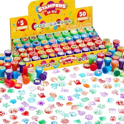 Afbeelding van JOYIN 50 stuks diverse stempels voor kinderen zelfinktstempels met ontwerpen verjaardagsfeestje, carnavalsprijzen, schoolstempels, goodiebag, Halloween, Kerstmis (dierentuin,