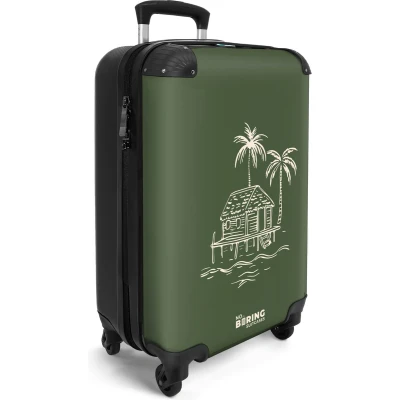 Afbeelding van NoBoringSuitcases.com® Handbagage koffer lichtgewicht Reiskoffer trolley Groen met beige strandhuis Rolkoffer wieltjes Past binnen 55x40x20 en 55x35x25