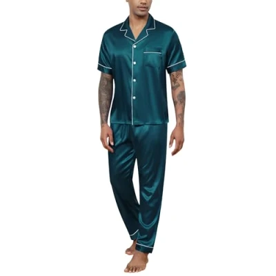 Afbeelding van Reliwel Satijnen herenpyjama, korte top met knoopsluiting en lange broek, tweedelige nachtkleding, huispak, sleepwear, loungewear, groen, M