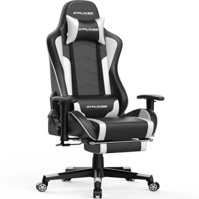 Afbeelding van GTPLAYER Gamingstoel met bluetooth luidspreker, voetsteun, bureau, gamers, ergonomisch, kussen, 3D armleuningen, verstelbare rugleuning, multifunctioneel, wit