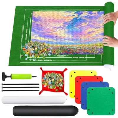 Afbeelding van RISVOWO puzzelmat, rol opslagmat voor maximaal 500, 1000, 1500 puzzels, draagbare puzzelmat met puzzel sorteerschaal, puzzelonderlegger op 66 x 116 cm opslag (groen)