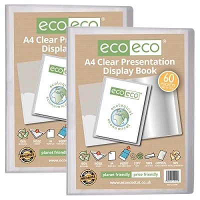 Afbeelding van eco A4 formaat 50% gerecycleerd 60 Pocket Clear Presentatie Display Boek, Opbergkoffer Portfolio Art Folder met Plastic Mouwen, (Pack van 2), eco099x2