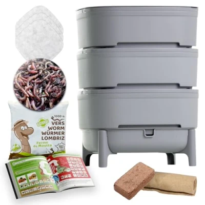 Afbeelding van WORMcube Grijs Design &amp; Compact I 3 baks Wormenbak 500 gr Compostwormen Complete set Wormverdrinking Stopfilter