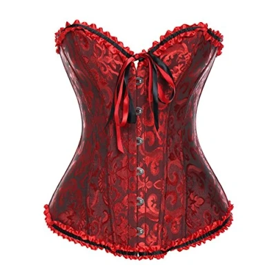 Afbeelding van MISS MOLY Dameskorset, vintage volledig bustekorset, klassieke kleuren, met kant en veter, korset G tanga print, donkerrood, M