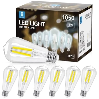 Afbeelding van Aigostar E27 Filament LED Lamp 8W (Vervangt 75W), Koel Wit 6500K, 1050 Lumen, ST64 Lamp, Niet Dimbaar, 6 Stuks