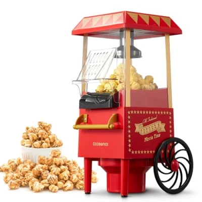 Afbeelding van Cozeemax popcornmachine Retro, 1200 W, voor thuis, met hete lucht, zonder vet, vetvrij, olievrij, bediening één knop, popcornpopper, rood