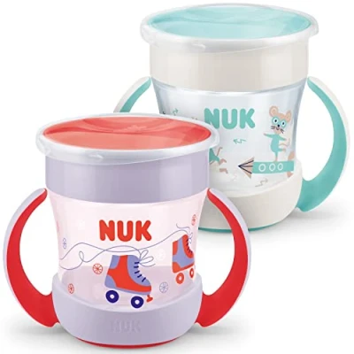 Afbeelding van NUK 10225016 Mini Magic Cup drinkbeker 2 pack lekvrije 360 drinkrand vanaf 6 maanden praktische handgrepen BPA vrij 160 ml stuk,meerkleurig