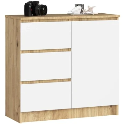Afbeelding van AKORD Commode K 80 Jerry met 3 laden Kast 2 planken en 1 deur Voor de woonkamer slaapkamer Modern 16mm gelamineerde plaat 80x77x35 cm Artisan Eiken + witte voorzijde